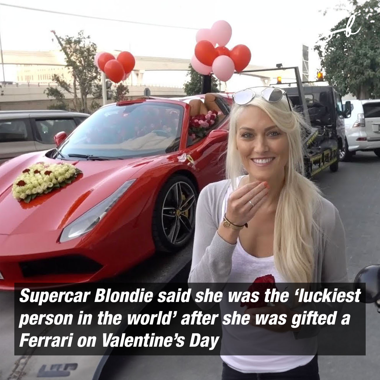 May be an image of 1 person, blonde hair, car and text that says 'ုတးေ Supercar Blondie said she was the 'luckiest person in the world' after she was gifted a Ferrari on Valentine's Day LLuP'