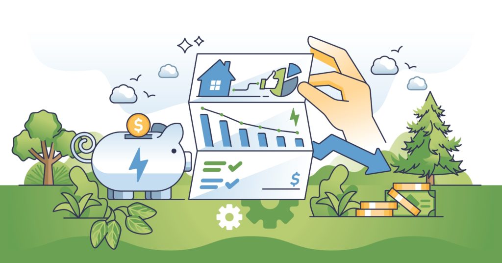 Utility bill savings and calculations to save money outline hands concept. Save expenses about house heating, electricity and water with smart cost reduction and usage efficiency vector illustration.
